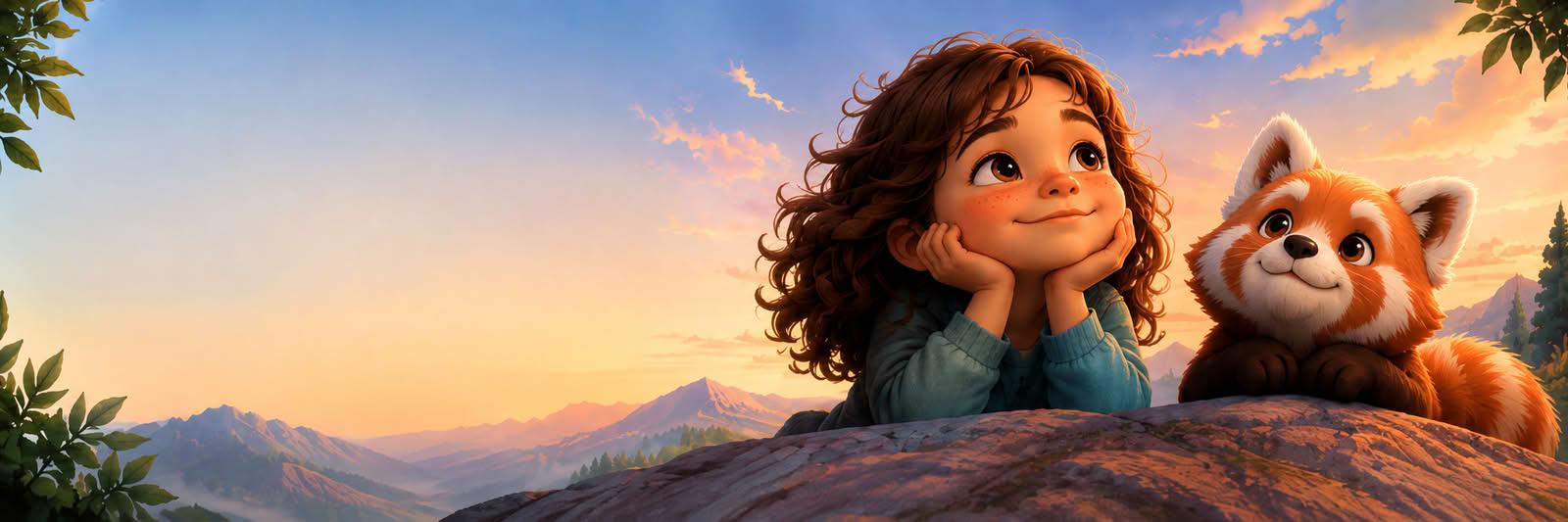 A child and red panda looking thoughtfully over a mountain landscape at sunrise